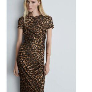 Mango Leopard Print Side Ruched Dress